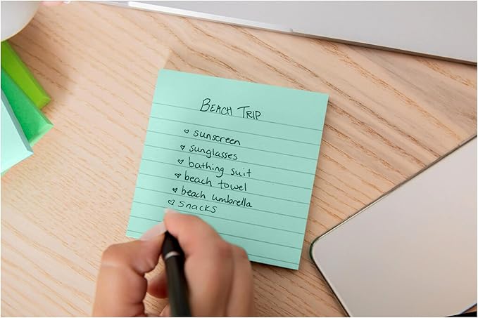 Post-it 100% Recycled Paper Super Sticky Notes, Lined, 4 in. x 4 in., 3 Pads, 70 Sheets per Pad, Oasis Collection, New Year Organization or Second Semester School Supplies
