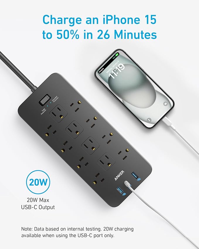 Anker Power Strip with 2100J Surge Protector, Outlet Extender, 5ft Extension Cord with Multiple Outlets, 12 AC, 2 USB A,1 USB C Port for 20W, Home Office, Dorm Room Essentials, TUV Listed