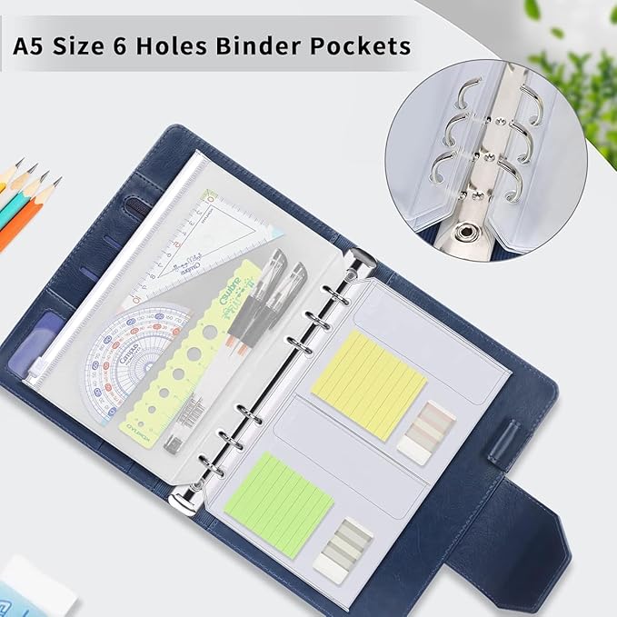 Binder Pockets, 20pcs A5 Size 6 Holes Binder Pockets, [Waterproof PVC Pouch] Premium Clear Binder Zipper Folders Document Filing Bags for 6-Ring Notebook Binder Loose Leaf Bags,-Clear