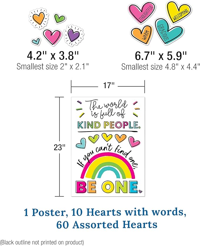 Carson Dellosa Kind Vibes 75 pc Bundle Motivational Bulletin Board Set, Poster, Rainbow, and Heart Cutouts with Positive Affirmations, Classroom Decor