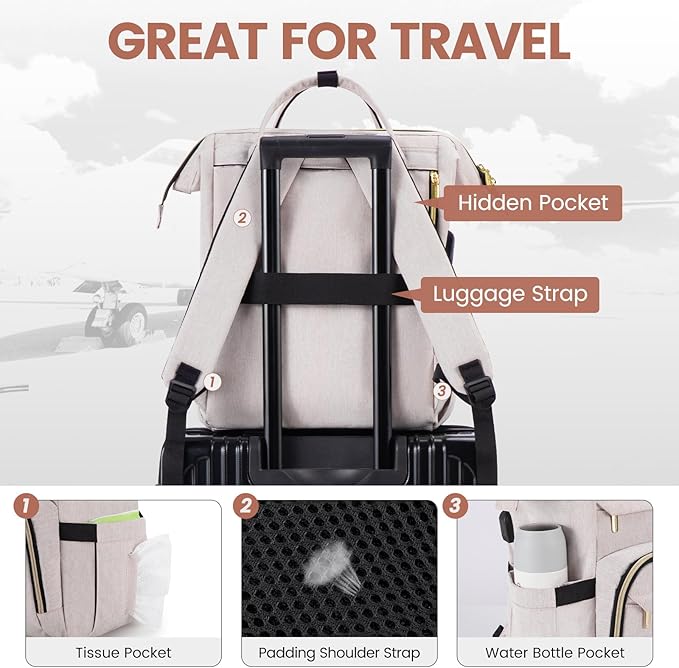 LOVEVOOK Laptop Backpack for Women,15.6 Inch Professional Womens Travel Backpack Purse Computer Laptop Bag Nurse Teacher Backpack,Waterproof College Work Bag Carry on Back Pack with USB Port,Off-white