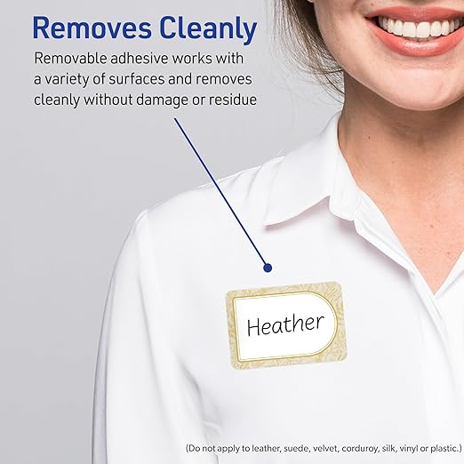 Avery Printable Adhesive Name Badges, 2-1/3" x 3-3/8", Pre-Printed Arched Metallic Gold Florals Design, Matte White, Laser & Inkjet Compatible, 80 Total