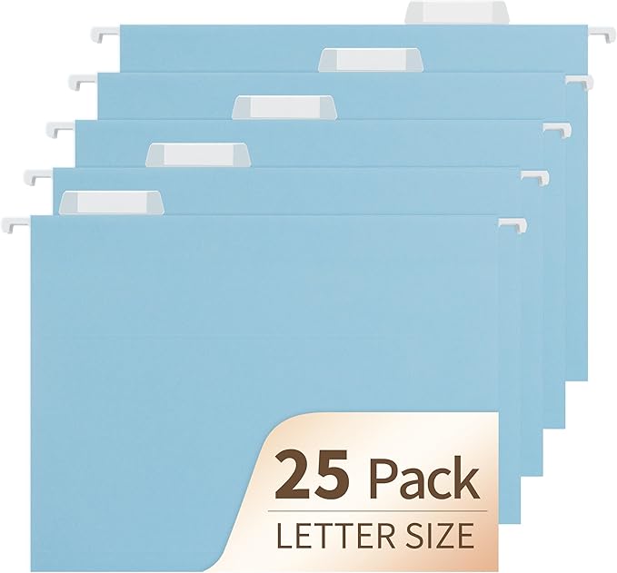 Blue Hanging File Folders,25 Pack Letter Size File Folders with 1/5-cut Tabs,Office Essentials for Filing Cabinet & Desk Storage