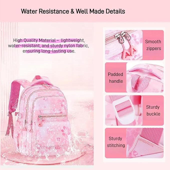 3Pcs Set Backpacks for Girls Teen, Cute Flowers School Bag Girls Bookbags with Lunch Box Pencil Bag, Multi-Pockets Kids Backpack for Elementary & Middle School, Purple