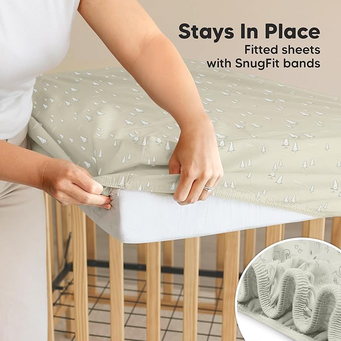 2-Pack Waterproof Crib Sheets for Boys, Girls - 52x28 Fitted Organic Cotton Baby Crib Sheets, Toddler Mattress Protector Cover, Washable, Soft & Durable Baby Bedding Essentials(Pine Grove)
