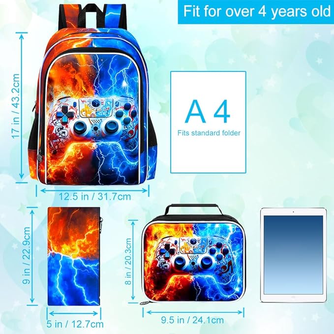gxtvo 3PCS Kids Game Bookbag, 17" Boys Backpack with Lunch Box, Water Resistant Middle Elementary School Bag - Fire & Lightning Game