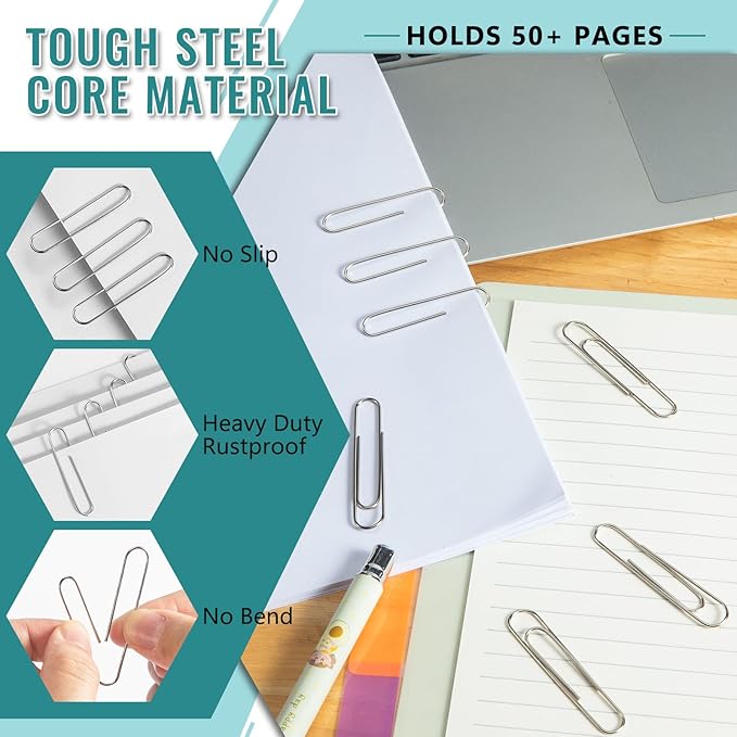 300 Pcs Large Paper Clips, 2 Inch Jumbo Paperclip, Stainless Steel Paper Clips Large, Silver Paperclips for Home, School, Office Supplies