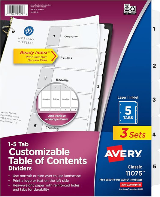 Avery Dividers for 3 Ring Binders, 5 Tabs per Set, Customizable Table of Contents, Classic White Tabs, Great for Organizing Reports, Projects, and More (3 Sets of 11075)
