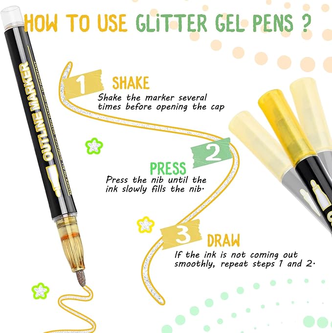 24Colors Outline Glitter Markers, Coloring Gel Pens for Stocking Stuffers, Colored Drawing Pens for Christmas Gifts, Glitter Gel Pens Shimmer Markers for Art Supplies