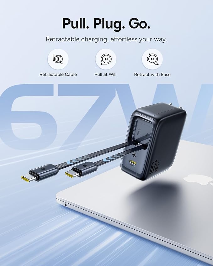 Baseus Enercore CJ21 67W USB C Charger, 3 in 1 Fast Charging Block with 2 Retractable Cable & Foldable Plug, PD/PPS for Galaxy S25/iPhone 17/16/15 Series/MacBook Air/Airpods 4