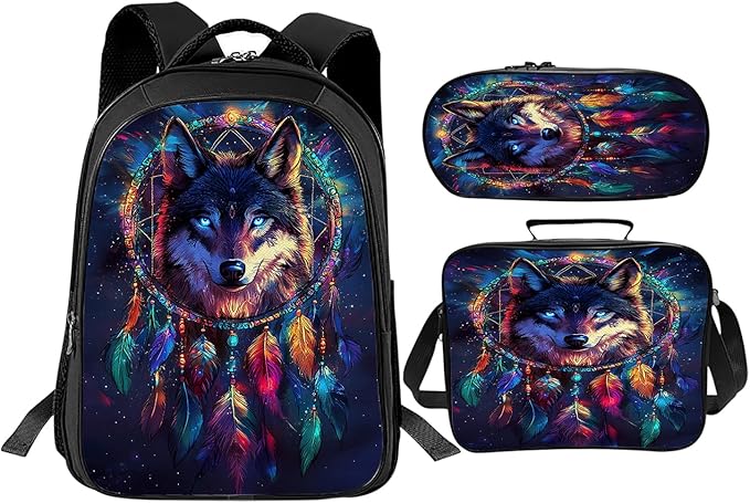 Wolf Backpack Set 3 Piece School Bags and Lunch Box with Pencil Case Blue Cool Wolf Dream Catcher Bookbag Set for Toddler Kids Girls Boys Teens Kindergarten Elementary Middle