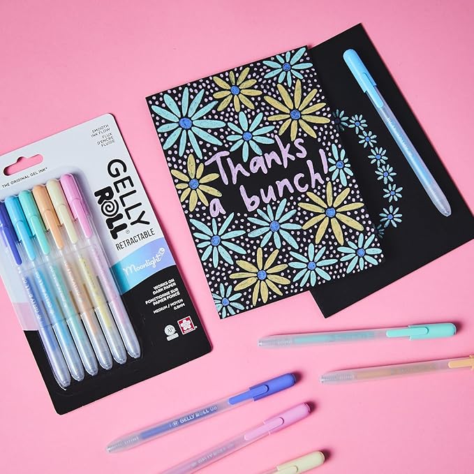 SAKURA Gelly Roll Retractable Gel Pens Colored - Opaque Color Set - Medium Point Ink Pen for Journaling, Art, or Drawing - Writes on Black Paper - Colored Gel Pens with Pastel Moonlight Ink - 6 Pack