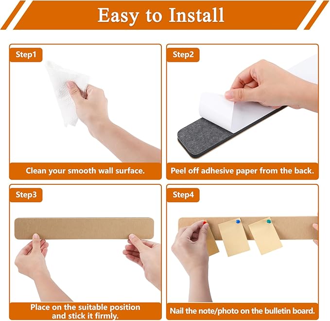8Pcs Rectangle Felt Cork Board Bar Strips with 35 Pushpins, Self-Adhesive Bulletin Board Strips for Office School Home Wall Decor Stickers Memos Schedules Photos Display -Gradual Grey
