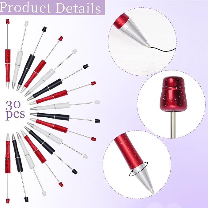 jiebor 30Pcs Halloween Beadable Pens Plastic Bead Ballpoint DIY Cute Cool Pens Black Ink for Women Men Bridal Graduation Gift Office Supplies Black White Red