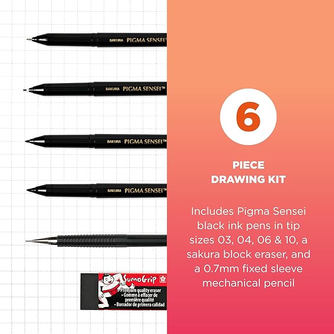 SAKURA 50200 Pigma Sensei Manga 6-Piece Drawing Kit, Black