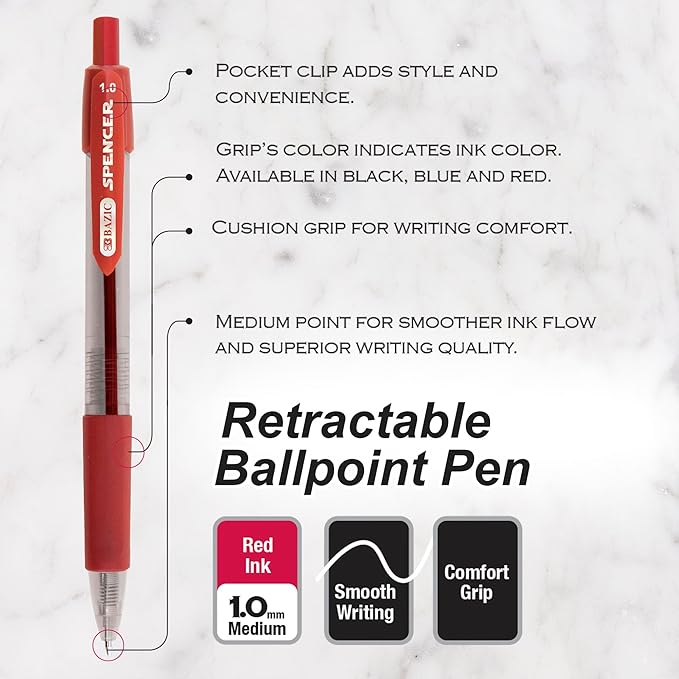 BAZIC Ballpoint Pen Spencer Red Retractable Pen Soft Barrel Grip Pens, 1.0 mm Bold Point Smooth Writing, for Office School Teacher (5/Pack), 1-Pack