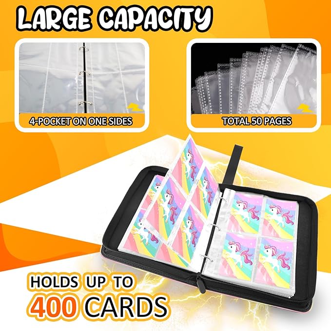 400 Pocket Trading Card Binder with 50 Removable Sleeves, Portable Zippered Card Holder, Collection Album Book Case Storage for MTG, TCG, Sports, Game Cards (White Horse)