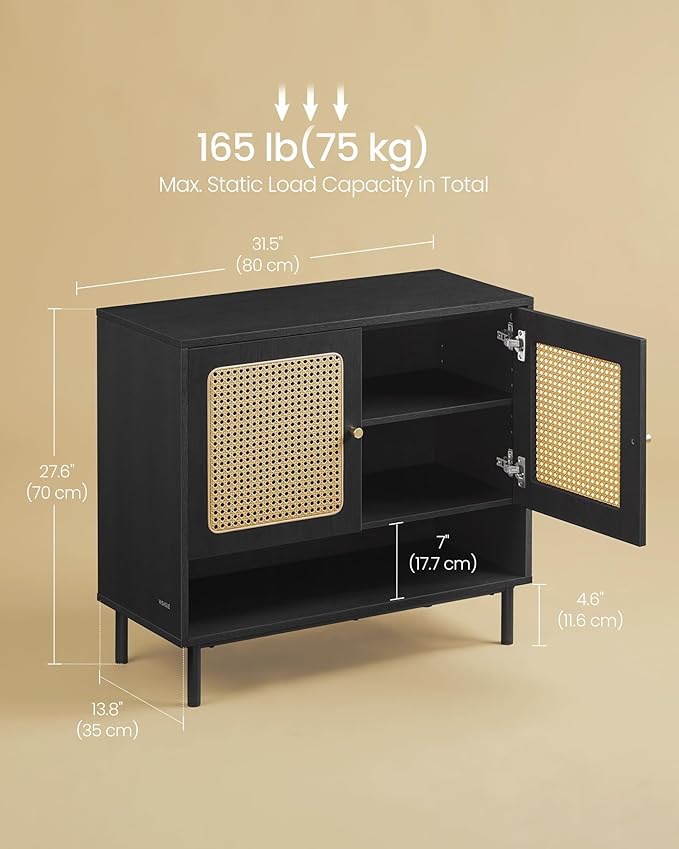 VASAGLE Natural Rattan 3-Tier Shoe Cabinet, 16 Pair Shoe Storage Cabinet, Boho Style Shoe Organizer with Height-Adjustable Shelves and Steel Legs, for Entryway, Closet, Hallway, Ash Black ULBC049B01