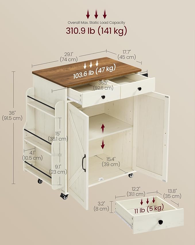 VASAGLE Mobile Kitchen Island, Portable Island with Spice Rack, Mobile Cart with Storage Cabinet, 17.7 x 36.5 x 36 Inches, for Dining Room, Rustic White and Honey Brown UKKI008W01