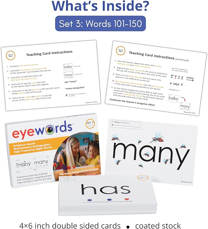 Sight Word & Phonics Flash Cards with Sound Mapping, Set 3 (High-Frequency Words 101–150), Picture-Embedded, Multisensory Learning, Pre-K–Grade 3, Homeschool & Classroom Use, Model EW-27