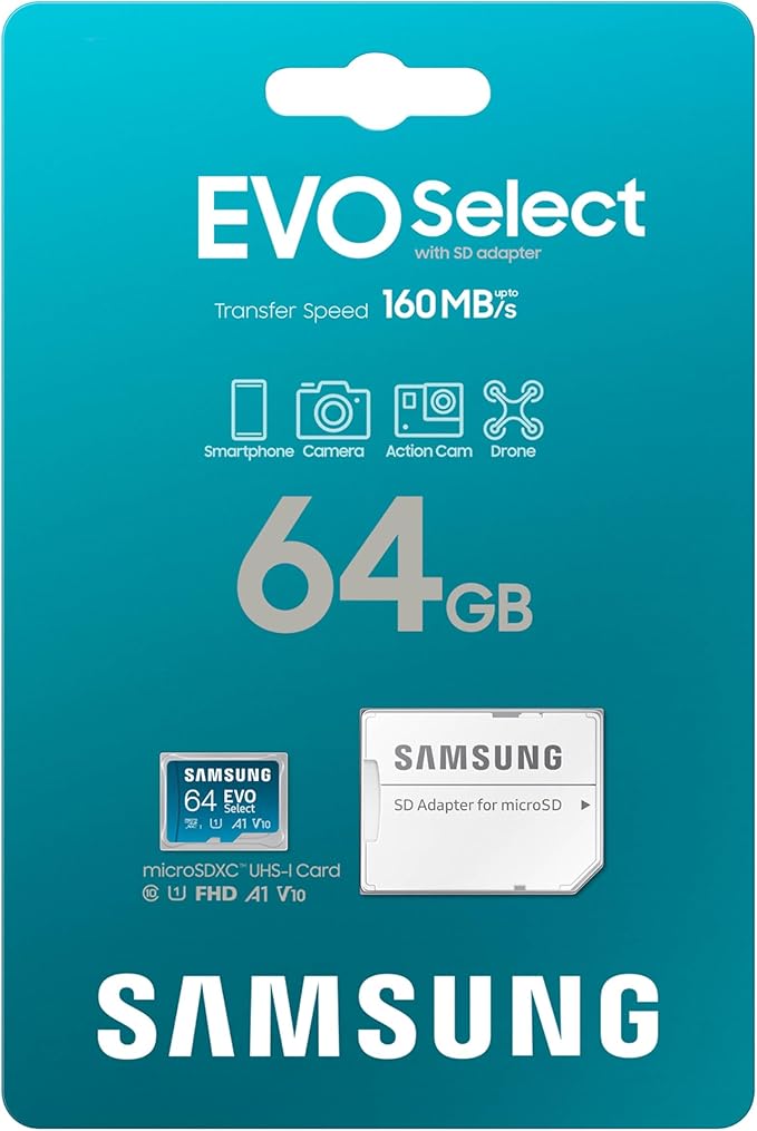 Samsung EVO Select microSD Memory Card + Adapter, 64GB microSDXC, Up to 160 MB/s, UHS I, C10, U1, V10, A1, for Mobile Phone, Smartphones, Nintendo-Switch, and Tablets (MB-ME64SA/AM)