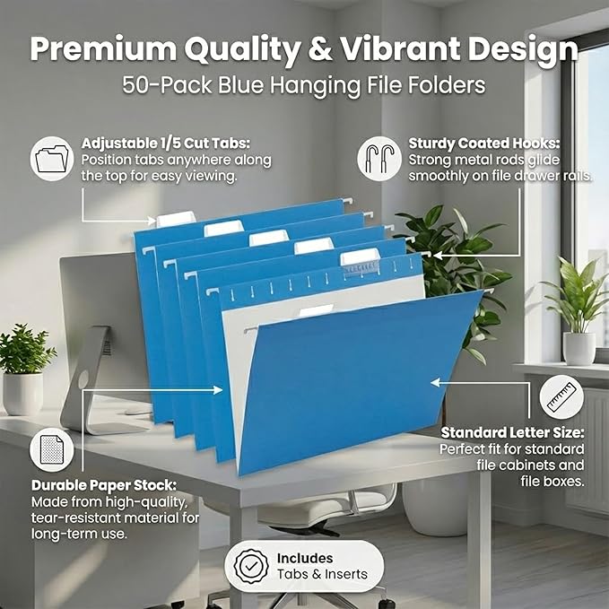 Blue Hanging File Folders,50 Packs Reinforced Hang Folders,Designed for Home and Office Color Coded File Organization, Letter Size