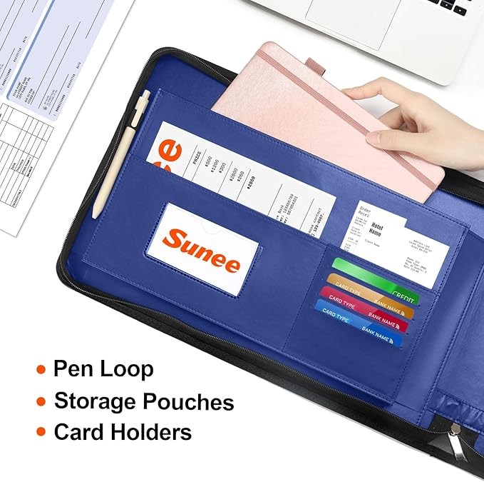 SUNEE Zippered Business Checkbook Binder 7 Ring 1 Inch with Zipper for Business Checks (9" x 13"), PU Leather Check Binder Holds 600 Checks Capacity for Executive Supplies, Blue