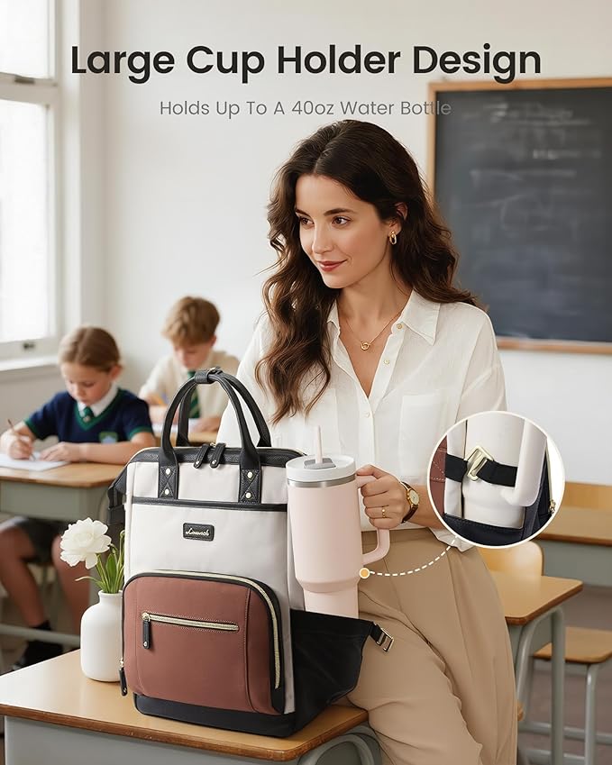 LOVEVOOK Laptop Backpack for Women with Giant Tumbler Holder,17 inch Professional Nurse Teacher Backpack Computer Laptop Bag,Cute Waterproof Travel Backpack Purse Work College Bag, Beige-Black-Brown