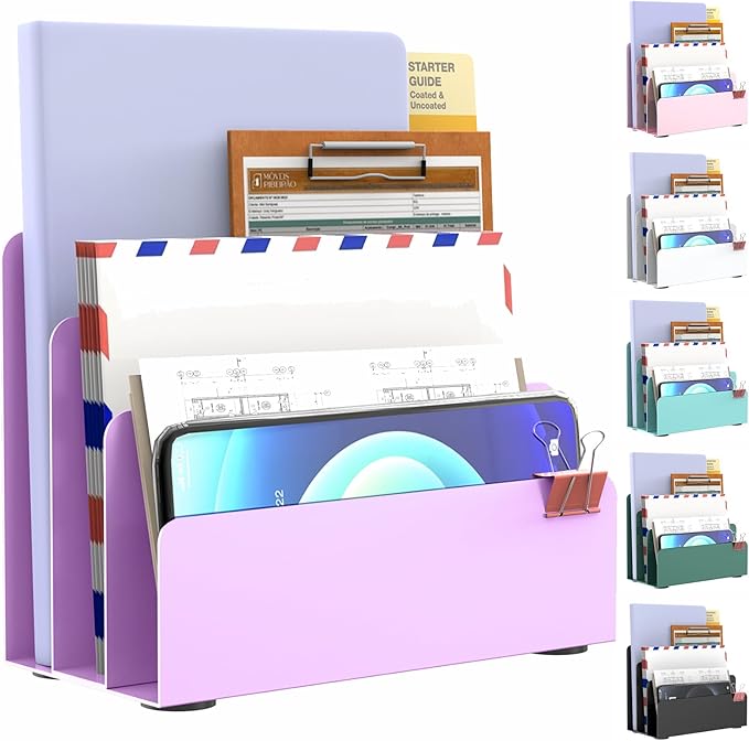 Mail Organizer Countertop, Small Desk File Organizer, Metal File Holder - Essential Workspace Organizers for Office Desk, Home Office (Purple)