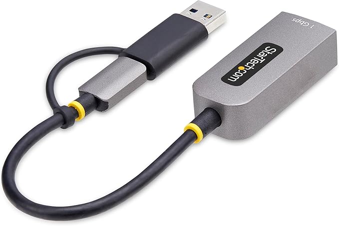 StarTech.com USB-C to Ethernet Adapter w/USB-A Dongle, 10/100/1000Mbps, USB GbE Adapter, 6in/15cm Attached Cable, Status LEDs