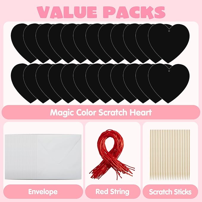 JOYIN 60 Packs Valentines Day Gifts Cards with Scratch Heart for Kids Magic Color Scratch Paper Heart Rainbow Cards for Valentine Crafts and Art Classroom Exchange, Party Favors