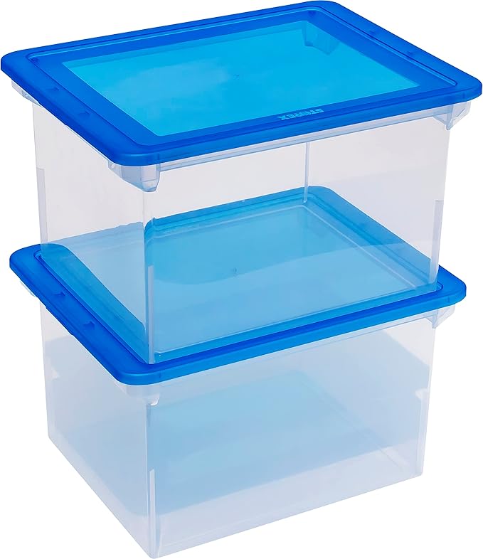 Storex Plastic File Tote Storage Box with Snap-On Lid, Letter/Legal Size, Clear/Blue (61508A01C)