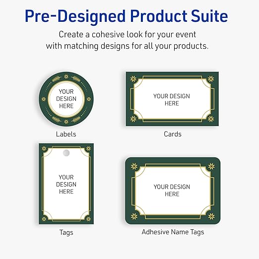 Avery Printable Christmas Adhesive Name Badges, Rectangle, 2-1/3" x 3-3/8", Pre-Printed Green & Metallic Gold Border Design, Matte White, Laser & Inkjet Compatible, 80 Total