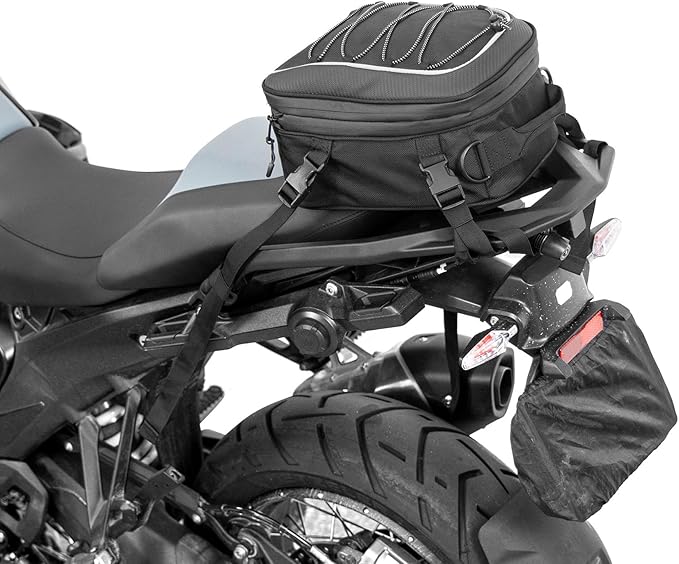 KEMIMOTO Motorcycle Tail Bag, Dual Use Motorcycle Rear Seat Bag with Waterproof Rain Cover, 7-14L Expandable Motorbike Small Bag Luggage Storage Backpack with 6 straps & 1 shoulder strap