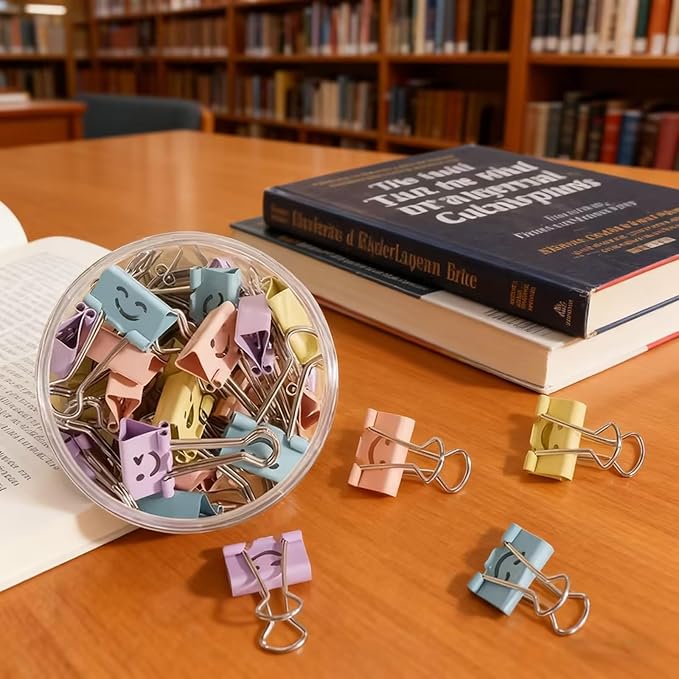 Small Binder Clips, 70 Pack, 3/4 Inch, Standard 19mm, Colorful, Hollowed Smile Design, Capacity 0.31 Inch, Mini Paper Clips, Fold Clamp, Office and School Supplies