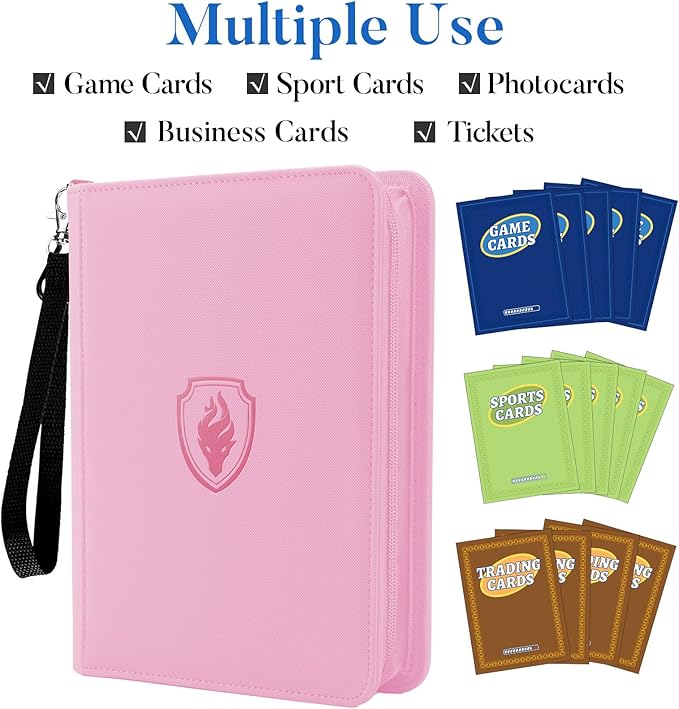 Premium 4 Pocket Zip Card Binder, Trading Card Binder for 320 Cards, Portable PU Card Collection Binder, Collector Card Album Folder for Game & Sports Cards (Pink)