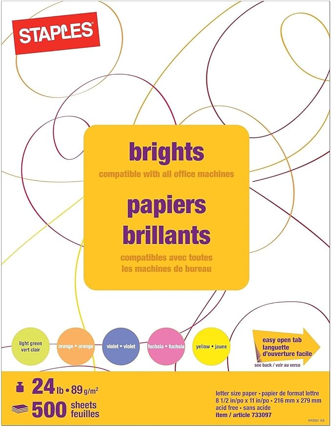 Staples Brights 24 Lb. Colored Paper Neon Assorted 500/Ream, For Office, School & Home