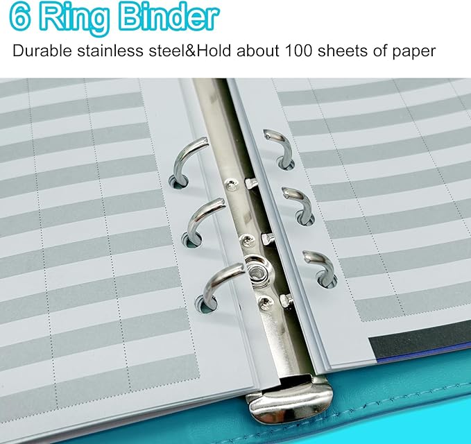 A6 Refillable 6 Ring Faux Leather Budget Binder,Mini Notebook Binder Cover for A6 Filler Paper,Loose Leaf Personal Planner Cover with Magnetic Buckle Closure (Marble Blue)