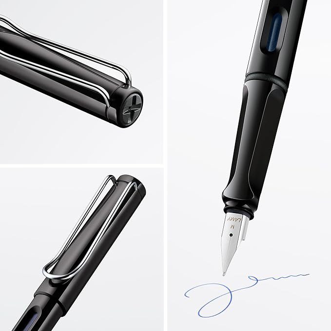 LAMY safari black - Fountain Pen with ergonomic grip & polished steel nib in size F - ideal for any Writing & Calligraphy - including LAMY T 10 blue cartridge - Right-Handed