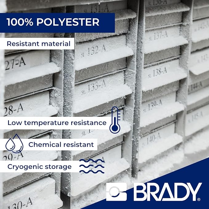 Brady Authentic (M5-112-490) FreezerBondz™ Cryogenic Matte Polyester Labels 0.375" H x 1.25" W Black on White, 360 Labels. for use with The BMP51 and M511 Label Printers