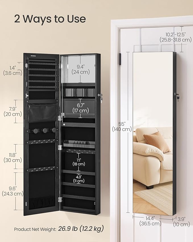SONGMICS 55 Inches Tall Spacious Jewelry Cabinet, Jewelry Armoire with Light-Up Interior Mirror, Wall or Door Mounted Jewelry Storage Organizer, Lockable, Gift Idea, Black UJJC032BZ01