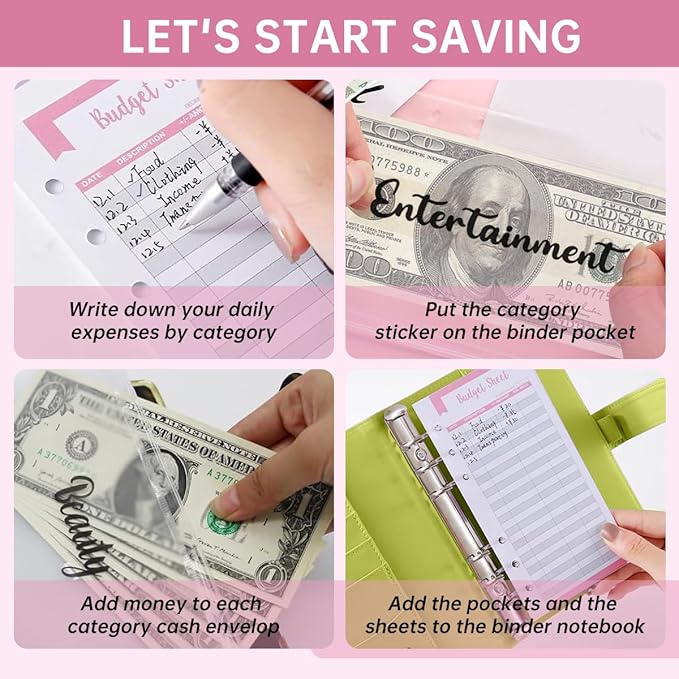 Budget Binder, Cute A6 Money Saving Binder with Zipper Envelopes, PU Leather Money Organizer for Cash, Expense Budget Sheets and Cash Envelopes for Budgeting Cute Mushrooms