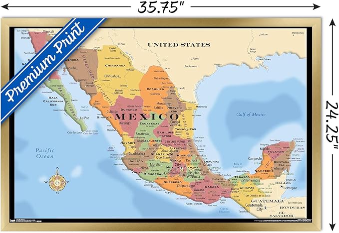 Trends International Map - Mexico Wall Poster, 22.375" x 34", Gold Framed Version