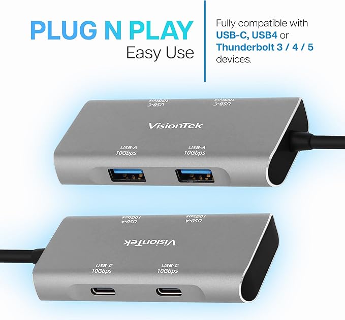 VisionTek USB C Hub 4 Port Adapter - 10Gbps High Speed Data Transfer Dongle, 2 USB C and 2 USB A Ports, Aluminum Multiport Splitter for MacBook Pro Air, iPad Pro, Chromebook, Windows Laptop