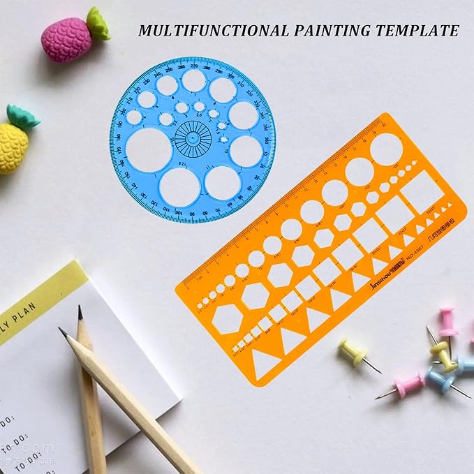 2 Pcs Geometric Stencils Templates, Circle Round Stencil, Measuring Geometry Ruler, Scale Drafting Digital Drawing Set, Artist Design Aid Tool