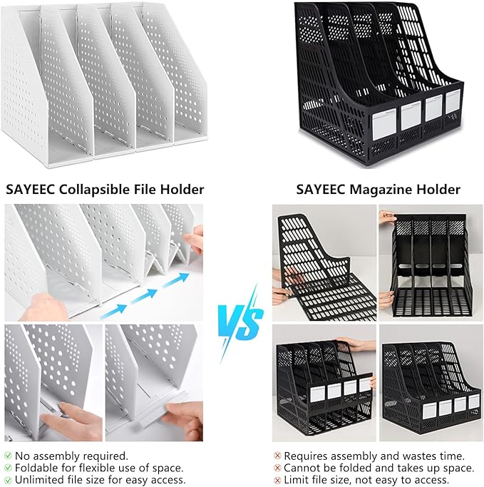 SAYEEC Collapsible Magazine Holder Plastic Desktop 4 Compartment File Desk Magazine Organizer Vertical File Divider Sorter Storage Document Organizer for Office Home School Gray