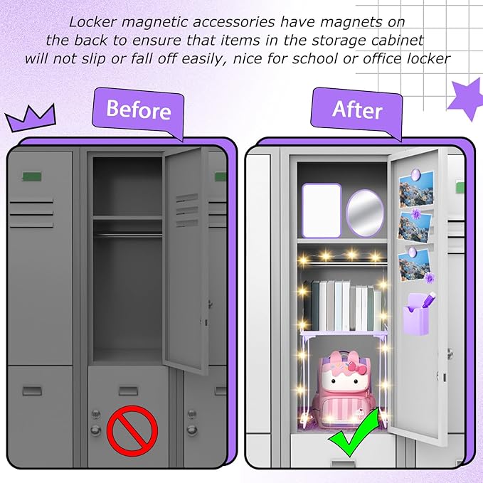 Patelai 11 Pcs Locker Accessories Kit Included Locker Shelf Magnetic Mirror Pen Holder Whiteboard Marker Faux Fur Rug Light String and Magnet for Back to School Essentials (Purple)