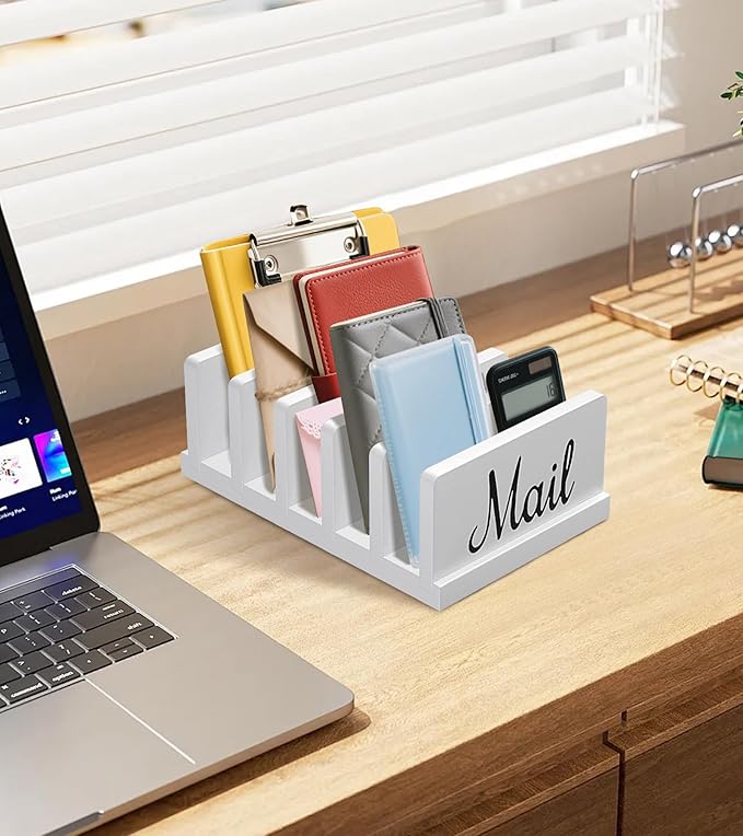 Mail Organizer for Desk,Wooden Mail Holder with Divider, 5-Slot Letter Sorter File Holder,Vertical Bill Organizer for Desktop Document/Notebook/Filing/Folders/Paper