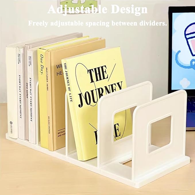 SAYEEC Desk File Sorter Vertical Desktop File Folder Organizer 4 Section Plastic Book Holder Adjustable Shelf Dividers Closet Purse Handbag Mail Binder Organizer Magazine Rack Stand Bookshelf (White)