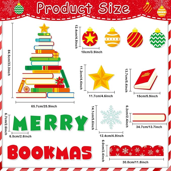 gisgfim Christmas Bulletin Board Decoration Set Christmas Book Tree Paper Cutouts Xmas Classroom Bulletin Board Decor for Xmas Winter Holiday School Door Reading Room Home Wall(Merry Bookmas)